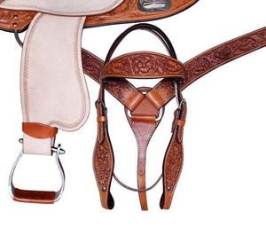 Ensemble de selle Western avec siège en cuir suédé durable Outillage à la main Sculpture Assorti Headstall et plaque de poitrine - Product Image 3