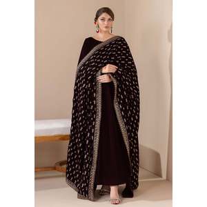Luxurious Embroidered Velvet <b>Shawl</b> VS-42-Soft Floral & Solid Print Winter Ethnic Style - Product Image 1
