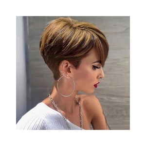 Peluca humana con reflejos de rubio mezclado marrón, peluca corta de corte Pixie para uso diario y disfraz de Halloween, peluca de pelo para fiesta de disfraces - Product Image 1