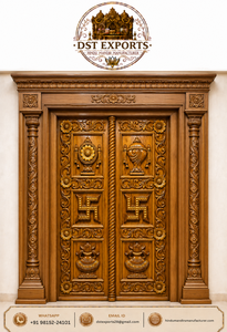 Hand Carved Teak <b>Wood</b> Pooja Room Door with Swastik & Kalash Hand Carved <b>Temple</b> Double Door Teak <b>Wood</b> Hindu <b>Temple</b> Door London - Product Image 5