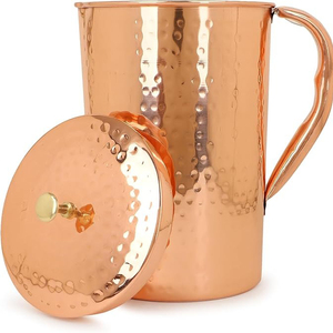 Wedding Tabletop Usage Drinking Water Container <b>Copper</b> <b>Jug</b> Smooth Surface Hammered Design With Lid Brass Knob Home Tabletop Deco - Product Image 3