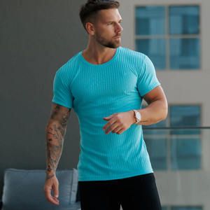 Nuevo diseño clásico menta acanalado punto Super Slim cuello redondo hombres camisetas transpirable personalizado algodón gimnasio ropa activa camiseta para hombres - Product Image 1