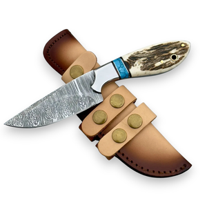 Cuchillo Skinner de Hoja Fija de Acero de Damasco con Mango de Turquesa y Asta de Ciervo, Funda de Cuero, Espiga Completa, para Caza y Camping, OEM - Product Image 5
