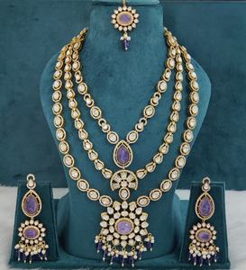 Moissanite Polki Brass and Doublet Stone <b>Necklace</b> <b>Set</b> With Maang Tikka Long Rani Haar <b>Bridal</b> <b>Set</b> Ideal For Weddings, Party Wear - Product Image 2