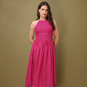 Mujeres Impreso Halter Neck Fit & Flared Sin mangas Casual Midi Longitud Cómodo Hermoso vestido - Product Image 1