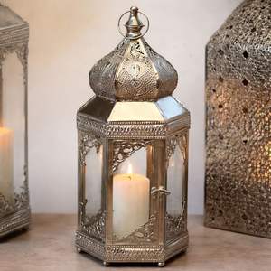 Silver Finish Metal <b>Moroccan</b> <b>Lantern</b> with Glass Panels Intricate Cutwork Warm Candle Glow Elegant Festive Home Decor Gift - Product Image 2