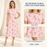 Robe midi rose poudré à motif floral, col rond, manches courtes, coupe trapèze pour collections de boutiques, marque privée, OEM, ODM
