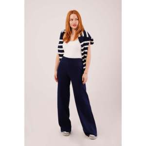 Pantalon large respirant bleu marine en maille avec taille côtelée et taille haute, vente en gros - Product Image 6