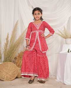 Girls Kids Ethnic Dress Cotton Cambric Kurta Sharara Suit <b>Gota</b> Lace O-Neck Solid Pattern for Wedding Birthday Partywear 2025 - Product Image 5