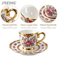 Lot de tasses et soucoupes en porcelaine en gros, bord doré, motif floral rose baroque, pour hôtels et cafés, stock disponible en vrac, vendu à la tonne