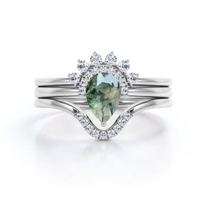 Anillo de Plata de Ley 925 con Gema Clásica para Boda, de Shama Gems Jewels, para Mujer, con Ágata Musgosa en Forma de Lágrima y Corte de Pera, Engaste de Garras - Product Image 1