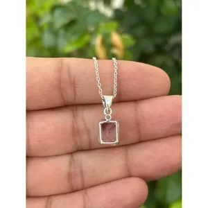 925 Silver Bi <b>Amethyst</b> <b>Necklace</b> with Emerald Cut Diamond and Rhodium Plating Geometric Link Chain for Gift - Product Image 3
