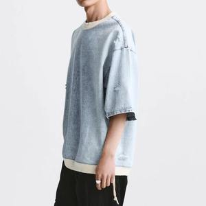 Camisa azul Vintage personalizada sólida informal para hombre, camisetas de peso pesado lavadas con cuello redondo, Camisetas estampadas de gran tamaño para hombre - Product Image 5