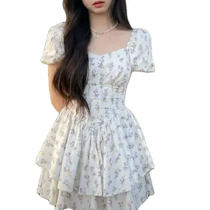 High Waist Dress Women Summer Floral Sweet Square Collar Puff Sleeve Princess Girlish Tender Elegant Korean Style Wholesale