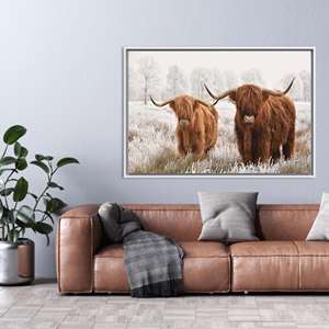 Highland Cow Canvas Print: Elegant Farmhouse Wall Art,WHITE <b>FRAMED</b> CANVAS - Product Image 1