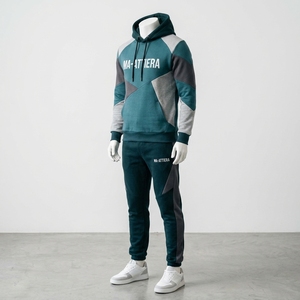 <b>Men</b> Teal Gray Color Block Hoodie Tracksuit Set <b>Pullover</b> Sweatshirt Jogger Pants Premium Sportswear Gym Training Running Fitness - Product Image 1