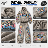 Ensemble de survêtement streetwear pour homme, coupe ample, avec impression DTG personnalisée, effet délavé vintage, en tissu épais, comprenant un sweat à capuche et un pantalon de survêtement, fabrication sur mesure