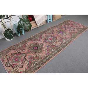 Vintage Rug 3.2x9.9 ft, <b>Red</b> Pink Bordered <b>Wool</b> Turkish Rug - Product Image 4