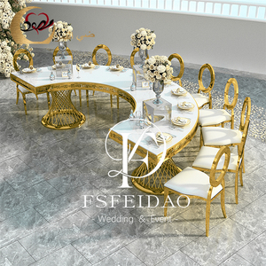 Wedding Furniture Customized Romantic&Elegant Modern Golden Stainless Steel Tempered Glass <b>Top</b> Half Moon Dining <b>Table</b> Set - Product Image 5
