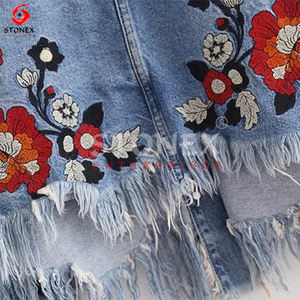 แจ็กเก็ตยีนส์ทรงพอดีตัวสำหรับผู้หญิงเสื้อครอปปักลายดอกไม้ด้านหน้าหลัง2023ออกแบบได้ตามต้องการ - Product Image 5
