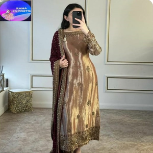 Kurti de Seda Dorada Brillante con Bordado Intenso y Dupatta, Vestido Étnico para Fiesta de Mujer, Atuendo Tradicional, Calidad de Exportación - Product Image 2