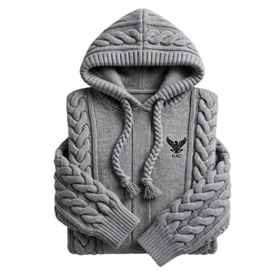 <b>Grey</b> Cable Knit Hoodie for <b>Men</b> Chunky Braided Sweater Hooded Pullover with Ribbed Cuffs Casual Winter Streetwear Knitwear Styles - Product Image 4