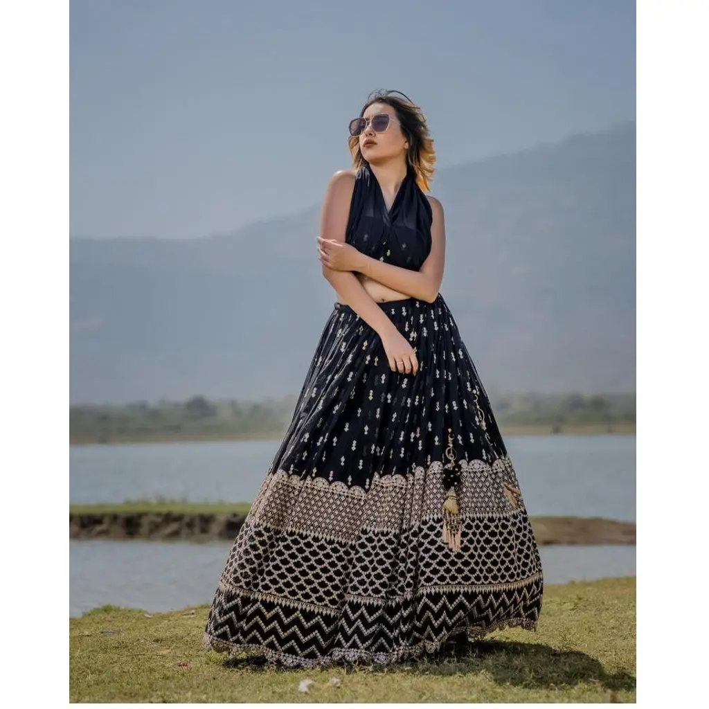 Boutique Style Designer Wedding Party Wear Black Color Georgette Full Flair Lehenga choli with Sequence Work Blouse