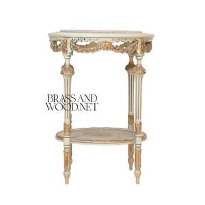Table d'appoint ronde de luxe à deux niveaux avec plateau en marbre et accents dorés ornés, cadre en bois blanc antique pour une décoration intérieure classique - Product Image 2