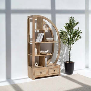 Arc-Shaped Solid Wood Bookcase with Open <b>Shelves</b> and Storage Drawers Modern Decorative <b>Display</b> Shelf - Product Image 6