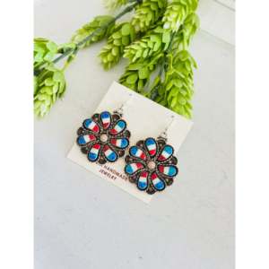 Zuni Handmade Opal (<b>Man</b>-Made) & Sterling Silver <b>Dangle</b> <b>Earrings</b> Drop Design with Floral Pattern - Product Image 3