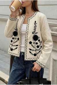 Women's Blouson Boho Suzani Embroidery Cotton <b>Jacket</b> <b>Mandarin</b> <b>Collar</b> Breathable Eco-Friendly Windproof Full Sleeve Autumn Winter - Product Image 3