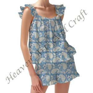 Conjunto de pijama corto de algodón a la moda Bohemia urbana para mujer Primavera/Verano Floral ajustado con tiras y volantes - Product Image 5