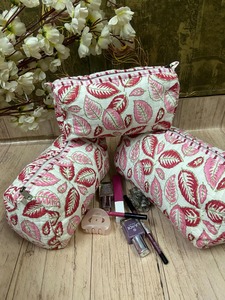 Large Light Green for Bag <b>Set</b> Red Touch Block Print Eco-Friendly Cotton Vintage Cosmetic <b>Travel</b> Pouches Water Resistant - Product Image 2