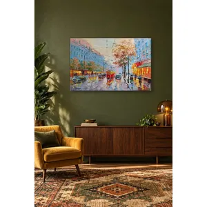 Impression sur toile de la tramway rouge Fida dans une rue d'automne pluvieuse - Product Image 3