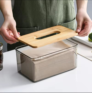 Plastic Tissue Box for Home and Car Household Rectangle Transparent Tissue Box <b>Napkin</b> <b>Dispenser</b> With Bamboo Lid - Product Image 4
