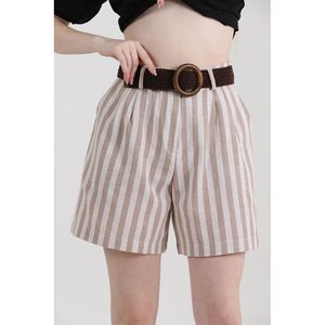 TOPSHOW Women's Stone Striped <b>Linen</b> Belted Shorts for Summer Casual Wear, Available in S-XL Sizes - Product Image 3
