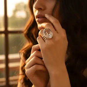 "Handmade Boho Geometric Platinum <b>Statement</b> <b>Ring</b> with Smoky Quartz for Women's Gift" - Product Image 2