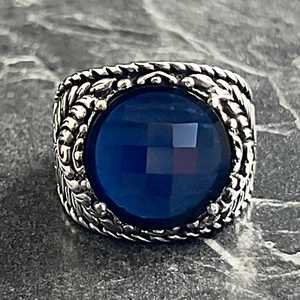 Anillo de Hombre Vintage de Plata con Zafiro Azul, Estilo Floral, Joyería de Plata de Ley Hecha a Mano, Engaste de Bisel con Piedra Tallada - Product Image 2