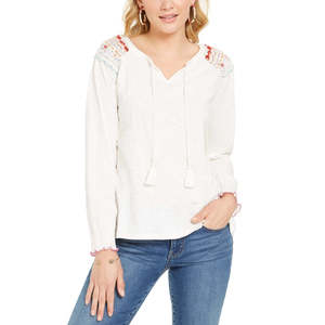 Style Co Women's Floral Embroidered-Shoulder <b>Top</b> Vintage Knitted Fabric Casual Long Length Size XL Natural Size Small for Spring - Product Image 1