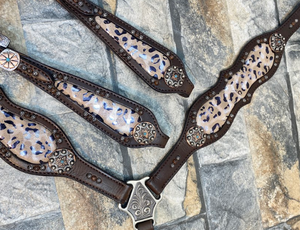 Decorado con cuero estampado de leopardo personalizado caballo occidental Headstall caballo Headstall brida pecho Collar Set - Product Image 5