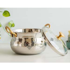 IndianArtVilla - Tazón de Acero Hecho a Mano de 950 ml con Tapa de Vidrio con Diseño Martillado y Perilla de Latón, Vajilla y Utensilios de Servicio - Product Image 3