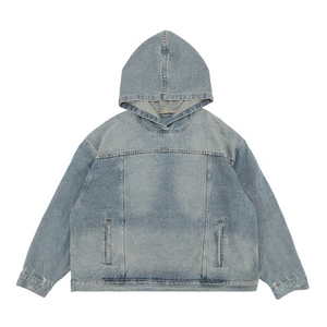 2025 coton lourd français éponge hommes à capuche conception personnalisée Vintage lavage Denim avec fermeture éclair haute qualité polaire pour l'hiver - Product Image 6