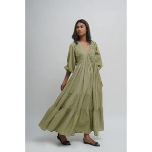 Robe maxi longue pour femme, vert olive, col en V, manches longues, à volants, couleur unie, décontractée, bohème, été, naturelle, lavable - Product Image 2