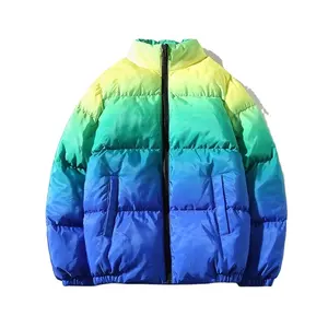 Jaket Puffer pria, pakaian kasual warna gradien gaya Puffer untuk lelaki rajutan dilapisi Label kustom & Tag musim dingin