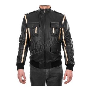 Veste en cuir imprimée à rayures dorées de haute qualité pour hommes, coupe ajustée avec fermeture à glissière, collection automne/hiver, logo avant - Product Image 1