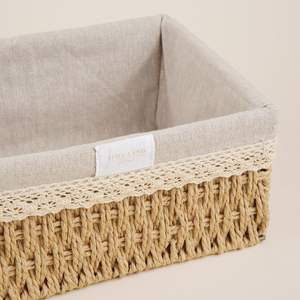 Rectangular Handwoven Seagrass Storage <b>Baskets</b> with <b>Linen</b> Lining and Lace Trim - Product Image 4