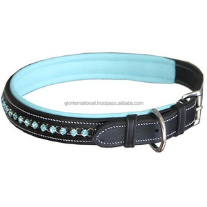 Collar de perro acolchado de cuero Premium negro teñido con tambor de grano completo con collar de Mascota de lujo cosido completamente azul decorativo ostentoso - Product Image 4