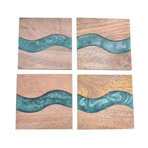 Handmade Wooden Resin Coaster Set Square with Blue River <b>Epoxy</b> Design Rustic Modern Drink Coasters for Dining Table and Bar - Product Image 1