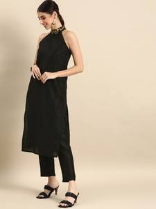 Conjunto de Kurta y Pantalones de Poliéster Negro Sólido para Mujer con Dupatta Banarsi, Elegante y Moderno Salwar Kameez Indio Pakistaní - Product Image 4