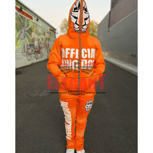 Chándal acampanado lavado con ácido para hombre, logotipo bordado desgastado, Sudadera con capucha y cremallera completa transpirable y conjuntos de pantalones de chándal - Product Image 2